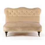 Property of a deceased estate - a small Victorian sofa with later mushroom coloured upholstery, on