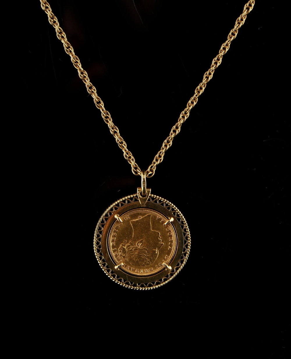 Property of a deceased estate - an 18ct gold mounted full sovereign coin pendant on chain, the