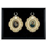 A pair of late 19th century carved ivory framed portrait miniatures depicting a lady and