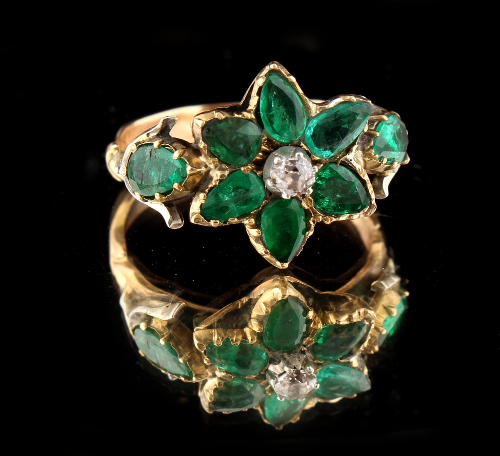 A Georgian emerald & diamond flowerhead ring, with eight pear shaped emeralds flanking a small - Image 2 of 2