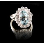 An 18ct white gold aquamarine & diamond oval cluster ring, the oval cut aquamarine weighing