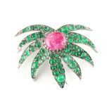 An unusual 18ct white gold cabochon emerald & ruby floral pin or brooch, approximately 10.6 grams,