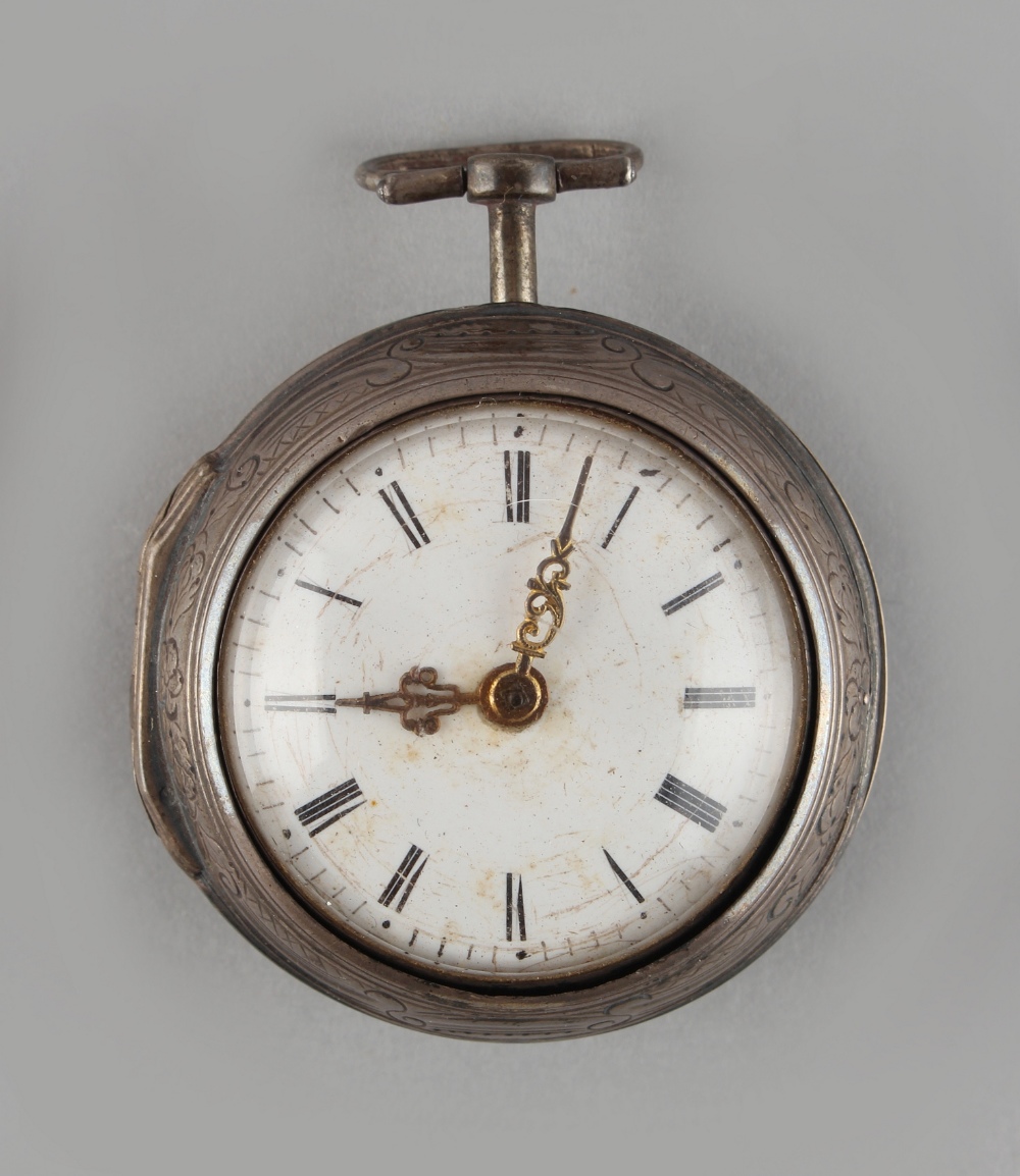 Property of a deceased estate - a late 18th century silver pair cased pocket watch, the chain