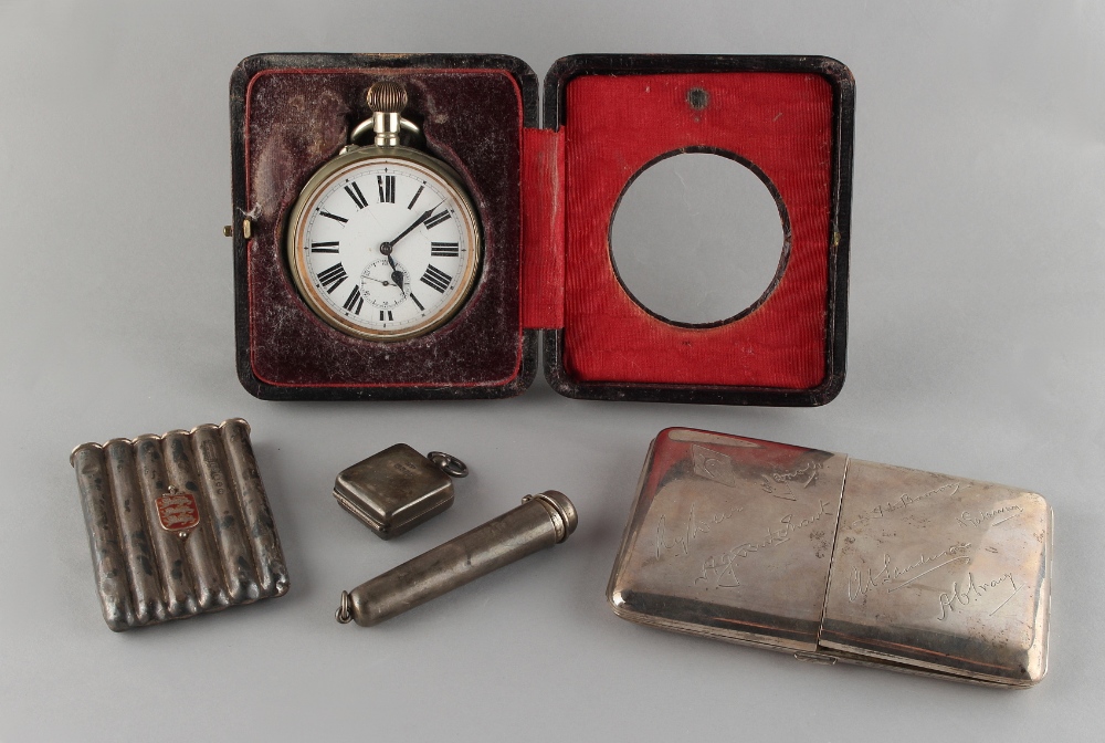 Property of a deceased estate - a Goliath type pocket watch in red leather travel case; together