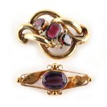 Property of a deceased estate - two Victorian unmarked yellow gold amethyst brooches (one high carat