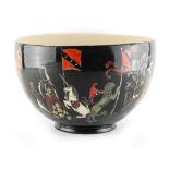 Property of a deceased estate - a large deep pottery bowl, decorated with mediaeval ladies &