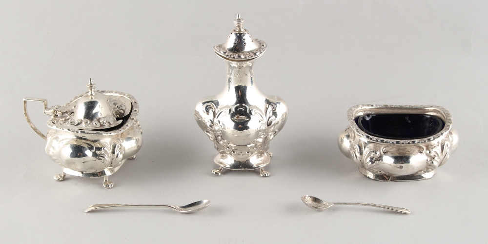 Property of a deceased estate - an early 20th century silver three-piece condiment set, makers Jones