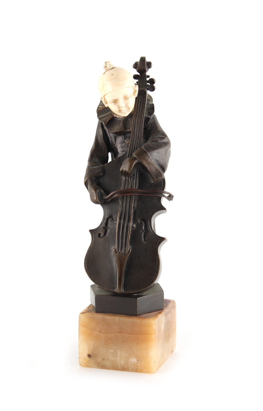 Property of a lady - an Art Deco bronze & ivory figure of a cello player, AT monogram in the cast,