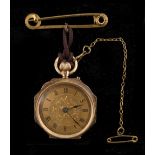 Property of a deceased estate - a 9ct gold cased fob watch with enamel floral decoration,