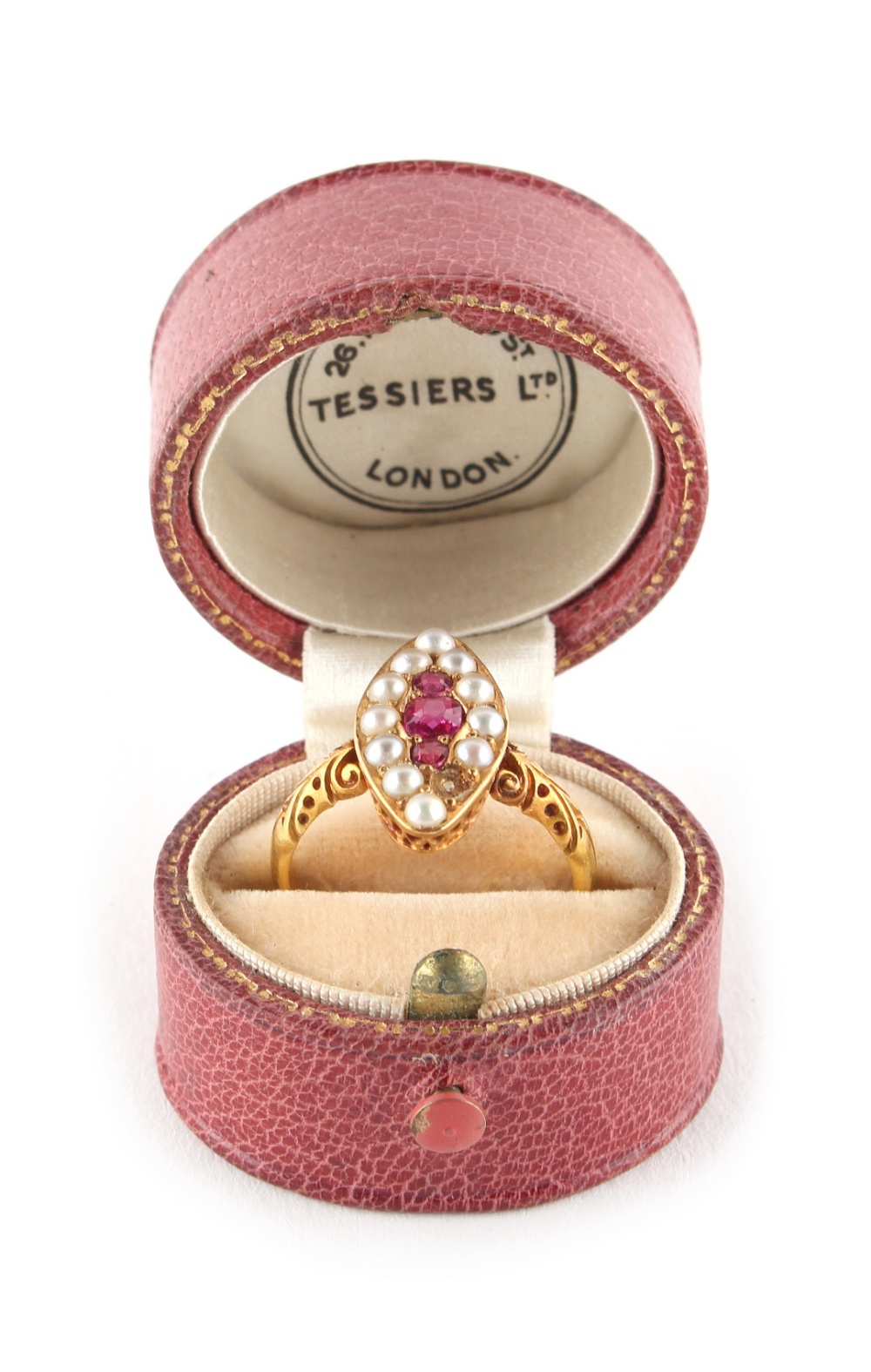 Property of a deceased estate - a Victorian 18ct yellow gold ruby & pearl ring, with navette