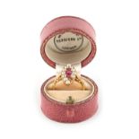 Property of a deceased estate - a Victorian 18ct yellow gold ruby & pearl ring, with navette