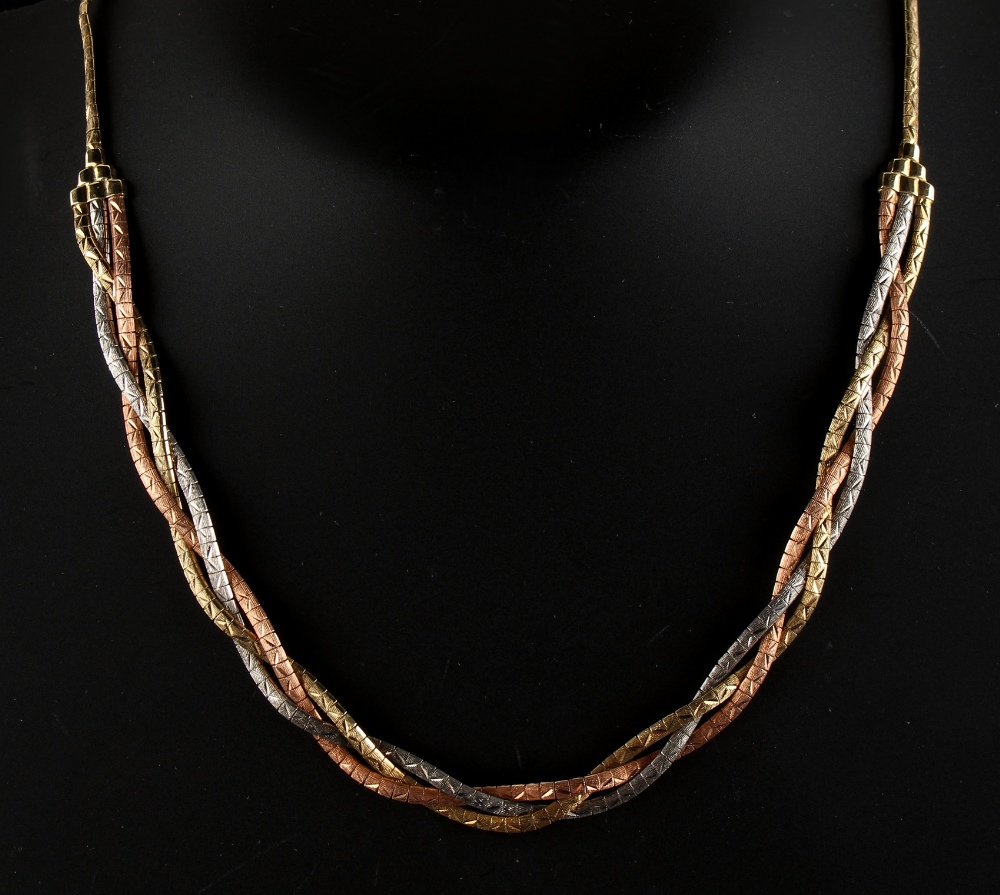 Property of a lady - a 14ct three colour gold link necklace, 18.5ins. (47cms.) long, approximately