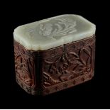 A good Chinese carved hongmu rectangular ink box with very pale celadon jade cover carved with two