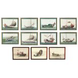 A group of eleven 19th century Chinese paintings on pith paper depicting junks, the largest