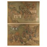 A pair of 19th century Chinese paintings on silk, one depicting Immortals & attendants in landscape,