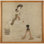 A Chinese painting on paper depicting a seated lady with attendant, 17th / 18th century, the