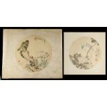 Two 19th century Chinese fan paintings on silk depicting birds among flowering shrubs, with