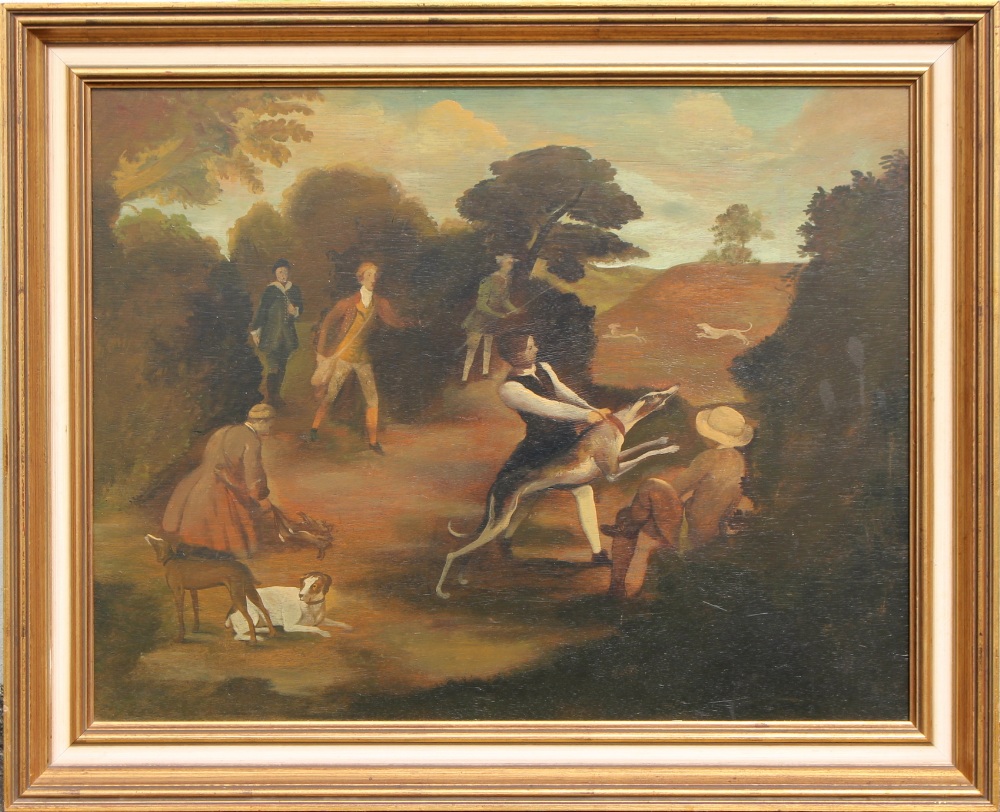 Property of a lady - English school, modern - HARE COURSING PARTY - oil on panel, 23 by 29ins. (58