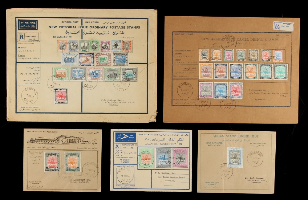 Property of a gentleman - postage stamps - SUDAN - five First Day Covers, 1948, 1951 and 1954 (5).