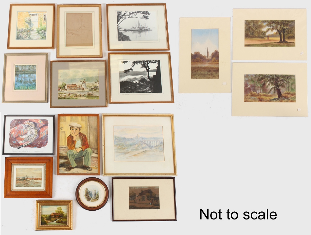 Sixteen assorted pictures & prints including a watercolour by Andre Bicart (1909-1996), an ink