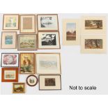 Sixteen assorted pictures & prints including a watercolour by Andre Bicart (1909-1996), an ink