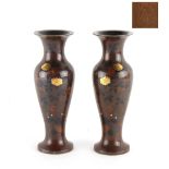 A pair of Japanese bronze & mixed metal vases, Meiji period (1868-1912), each with Nogawa trade mark