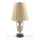 Property of a lady - a large gilt decorated white glazed ceramic table lamp, with pierced brass