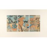 Sadahide Utagawa (1807-1873) - A FULL MOON NIGHT SCENE - woodblock prints, a triptych, mounted but