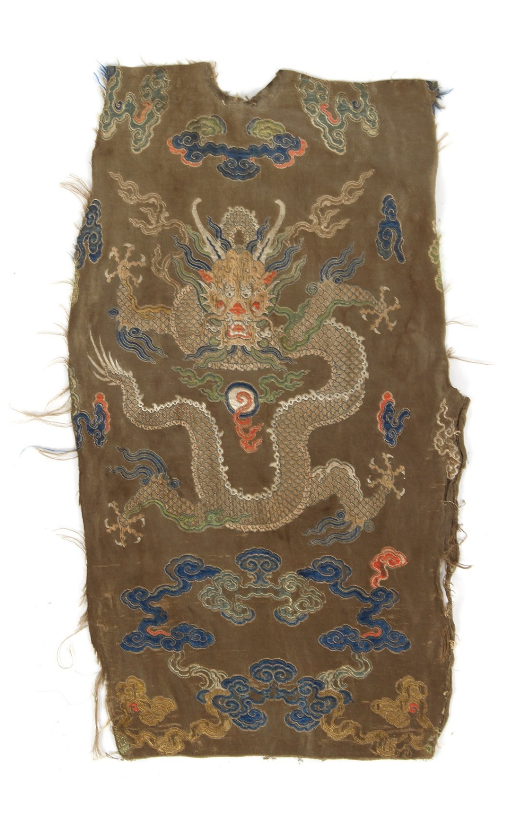 A Chinese zhijin embroidered silk fragmentary panel depicting a front facing five clawed dragon,