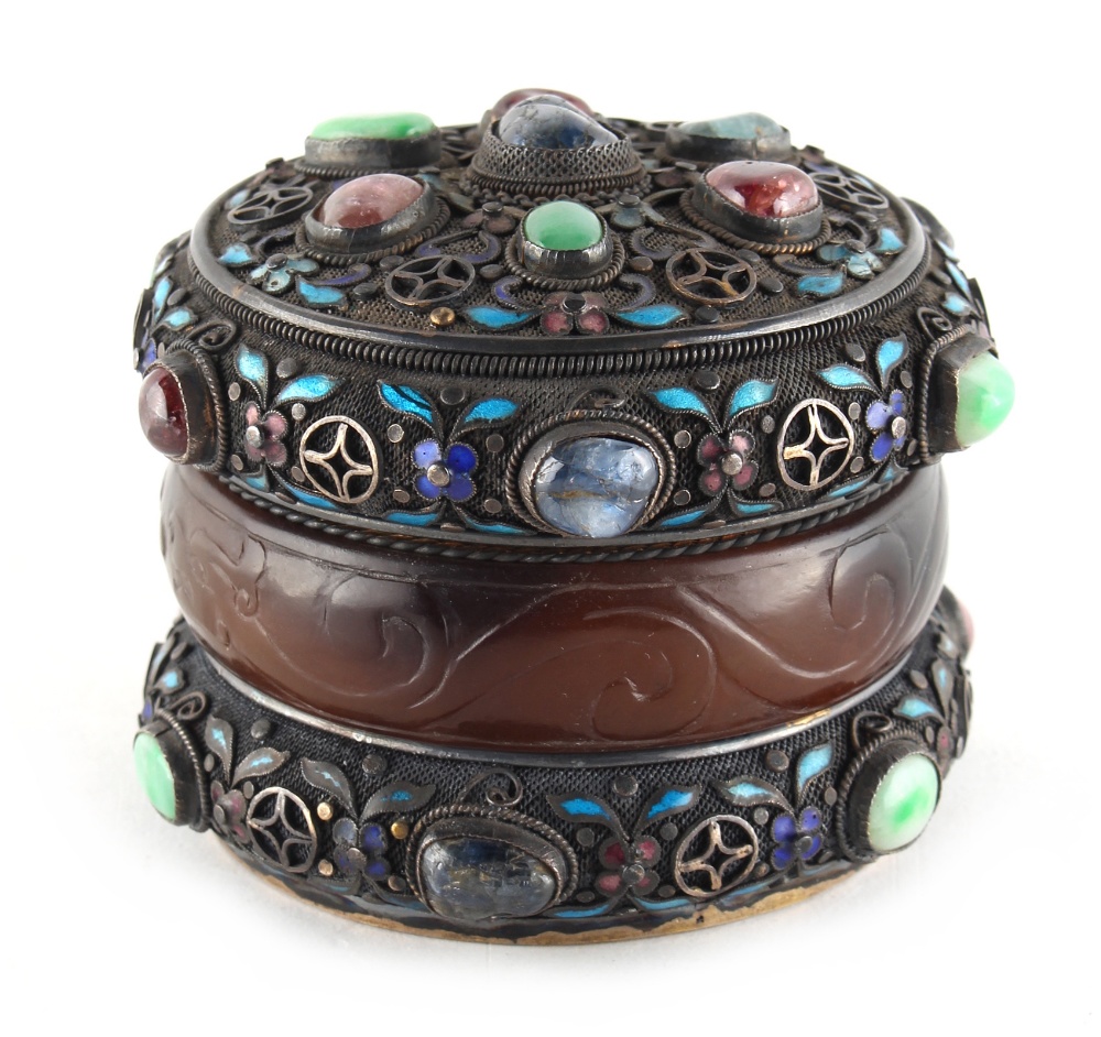 A late 19th / early 20th century Chinese silver filigree enamel & hardstone circular box, the body