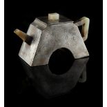 A 19th century Chinese pewter cladded Yixing teapot with pale celadon jade mounts, with incised