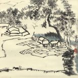 A Chinese scroll painting on paper depicting houses in landscape with a figure & buffalo on