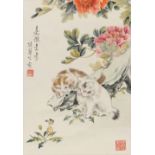 An early / mid 20th century Chinese scroll painting on paper depicting two cats among flowers,