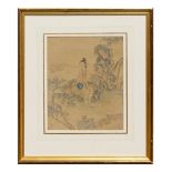 A 19th century Chinese painting on silk depicting a lady seated in a garden holding a fan, with
