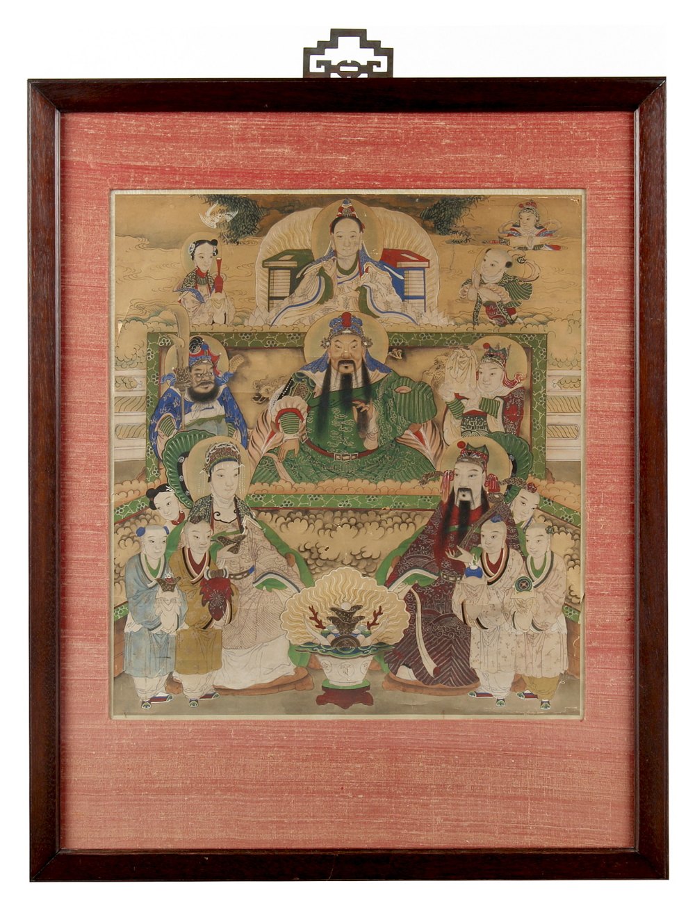 A 19th century Chinese painting on paper depicting Guandi with attendants, the painting 24.8 by 22.