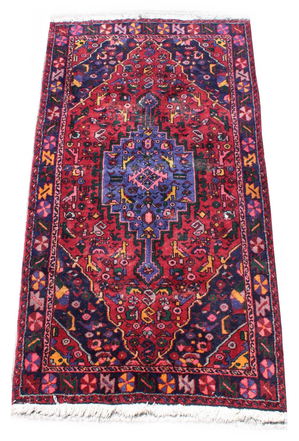 A Hamadan woollen hand-made carpet with blue ground, 97 by 52ins. (245 by 130cms.).