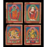 A set of four small 19th century Tibetan thankas of thangkas, each depicting a different deity, each