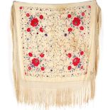 Property of a lady - a late 19th / early 20th century Chinese embroidered cream silk shawl, 51.2