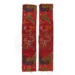 A pair of Chinese zhijin embroidered silk dragon panels, 17th / 18th century, with burgundy grounds,