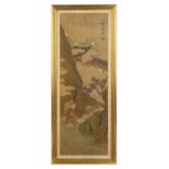 A 19th century Chinese painting on silk depicting a foreigner presenting a lion to a dignitary, with