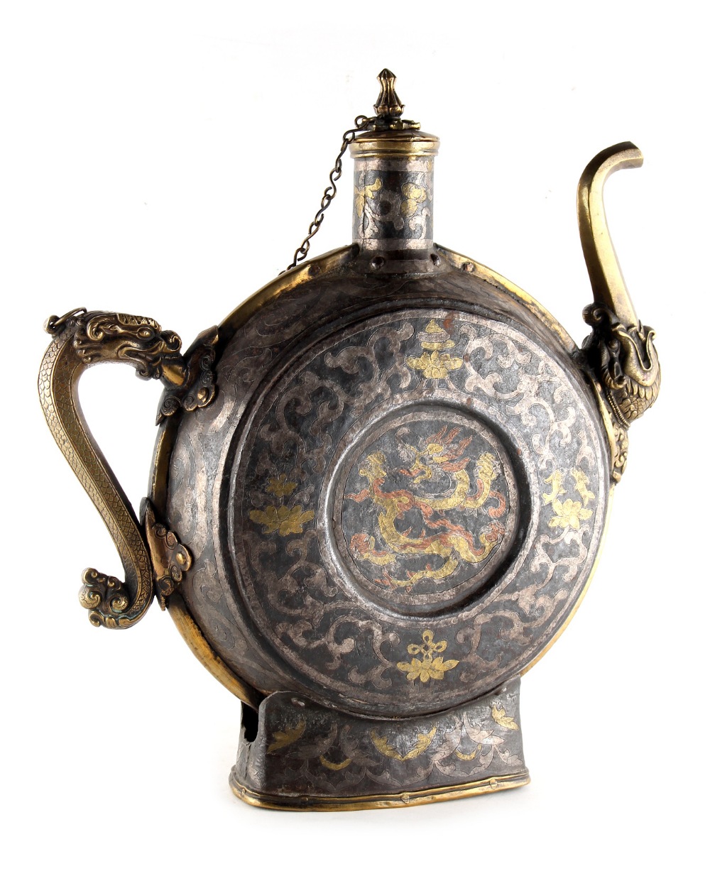 A Tibetan bronze mounted iron ewer & cover, 18th / 19th century, with silver, copper & brass