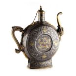 A Tibetan bronze mounted iron ewer & cover, 18th / 19th century, with silver, copper & brass