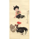 A Chinese scroll painting on paper depicting a seated girl & chicken or cockerel, mid / late 20th