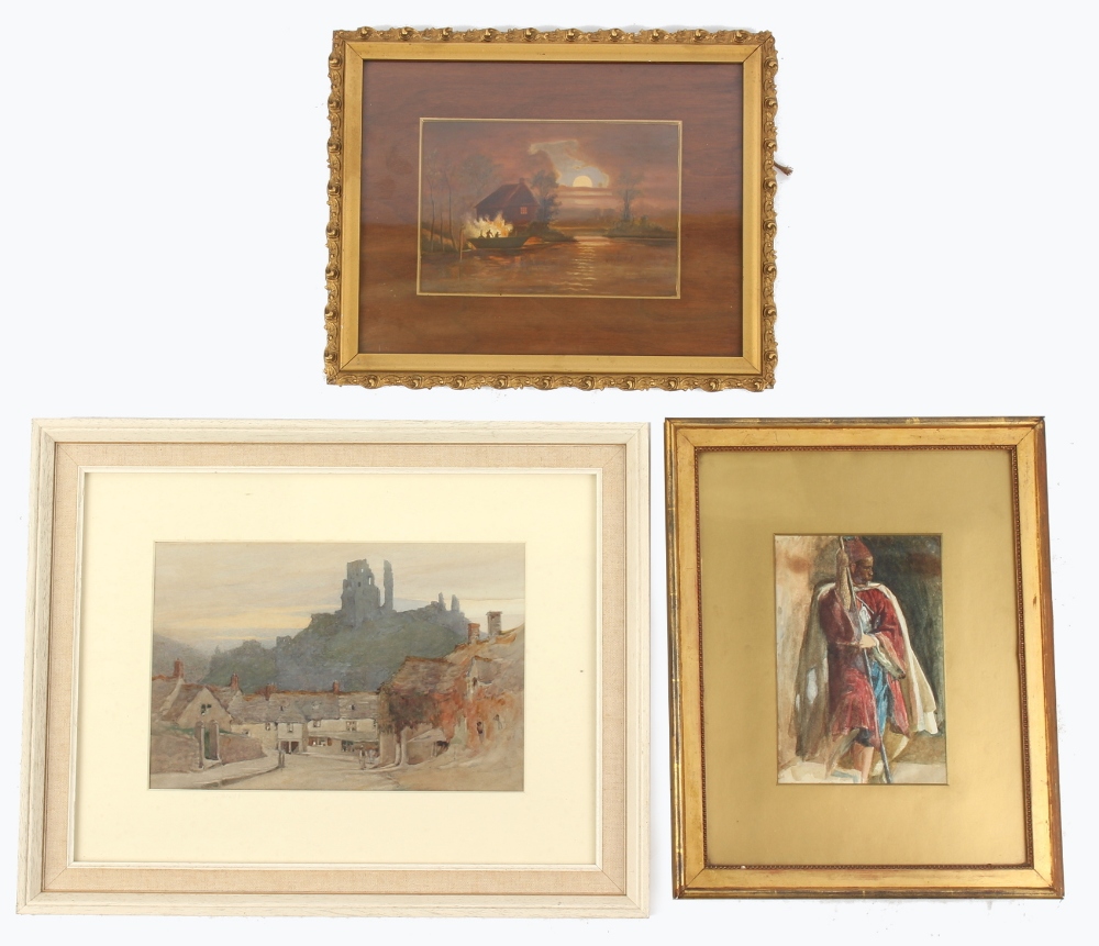 Property of a deceased estate - three assorted pictures including a watercolour of Corfe Castle, 8.