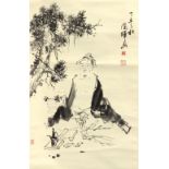 A Chinese scroll painting on paper depicting a seated Lohan & pine tree, late 20th century, with