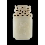 A very good Chinese carved white jade rectangular plaque, carved to one side with a figure of Liu