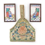 Property of a lady - a Chinese embroidered pale green silk handbag, 11.5ins. (29cms.) wide; together