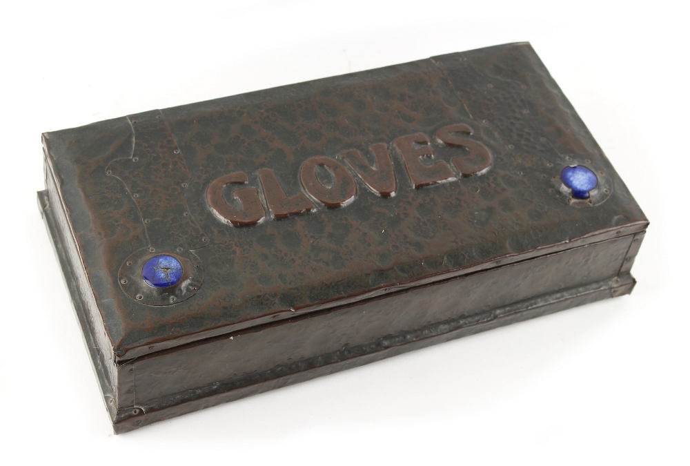 Property of a gentleman - an Art Nouveau embossed copper clad gloves box with Ruskin type bosses (