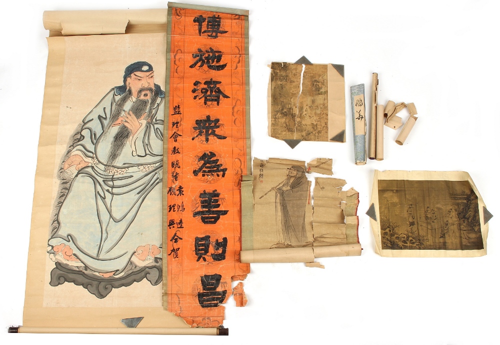 Property of a lady - five scrolls, extensive damages, including a small Chinese fragmentary painting