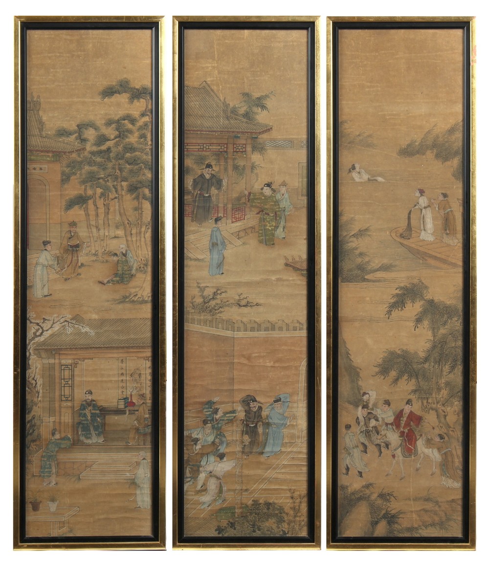 A set of three 19th century Chinese paintings on paper depicting dignitaries & attendants on